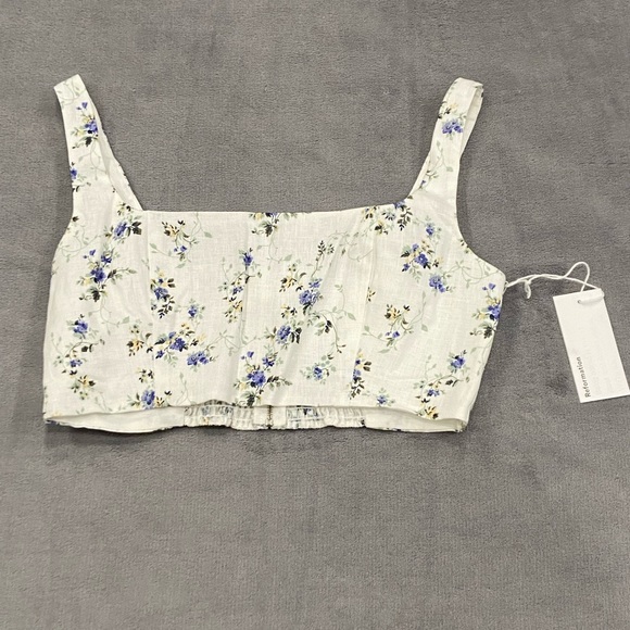 Reformation Size 8 Palm Crop Tank Top Floral Print 100% Linen New With Tags - Picture 2 of 10